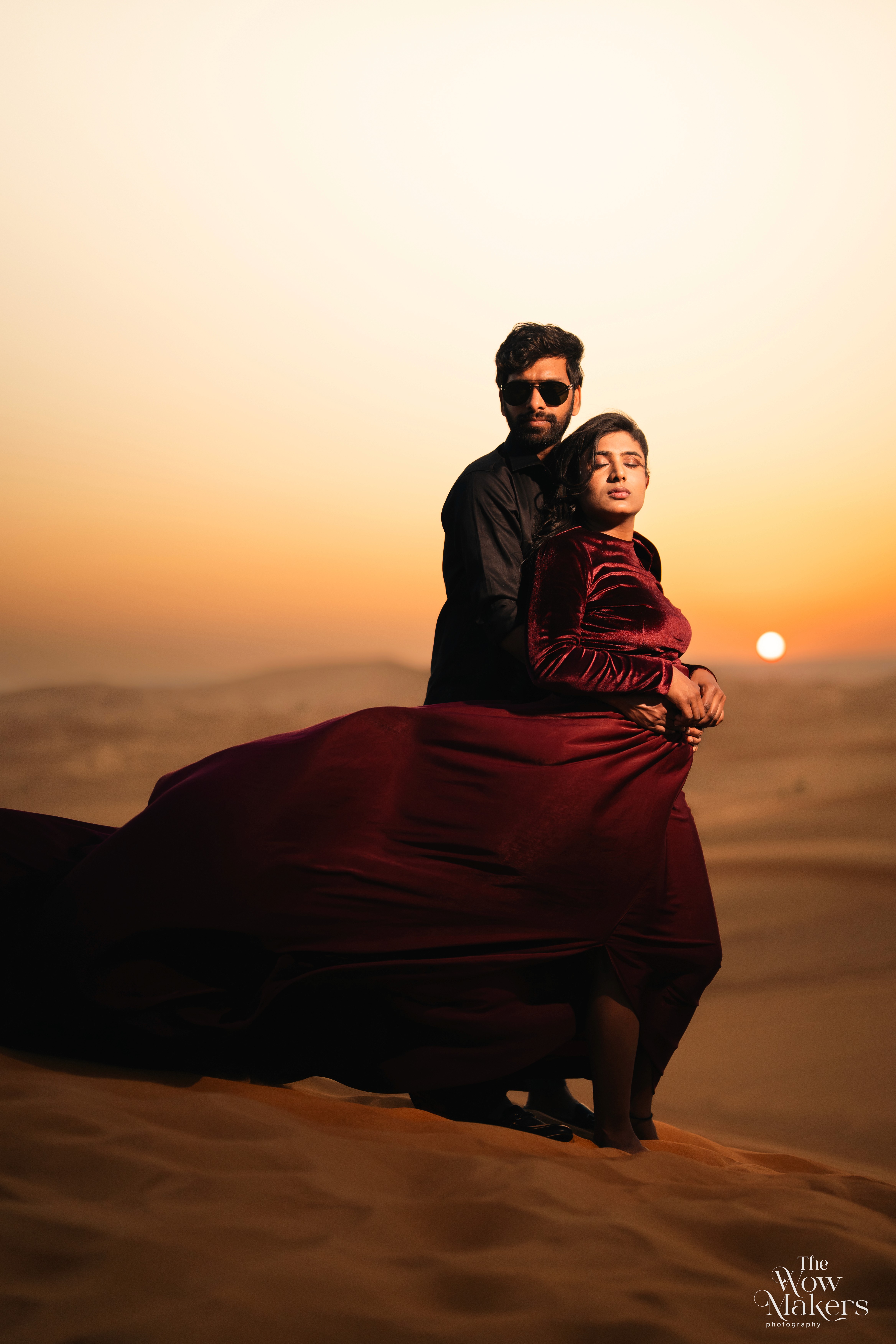 Pre-wedding couple photoshoot collage by a lakeside at golden hour, bride in pink saree with henna details, by Wow Makers photography in Hyderabad, India.