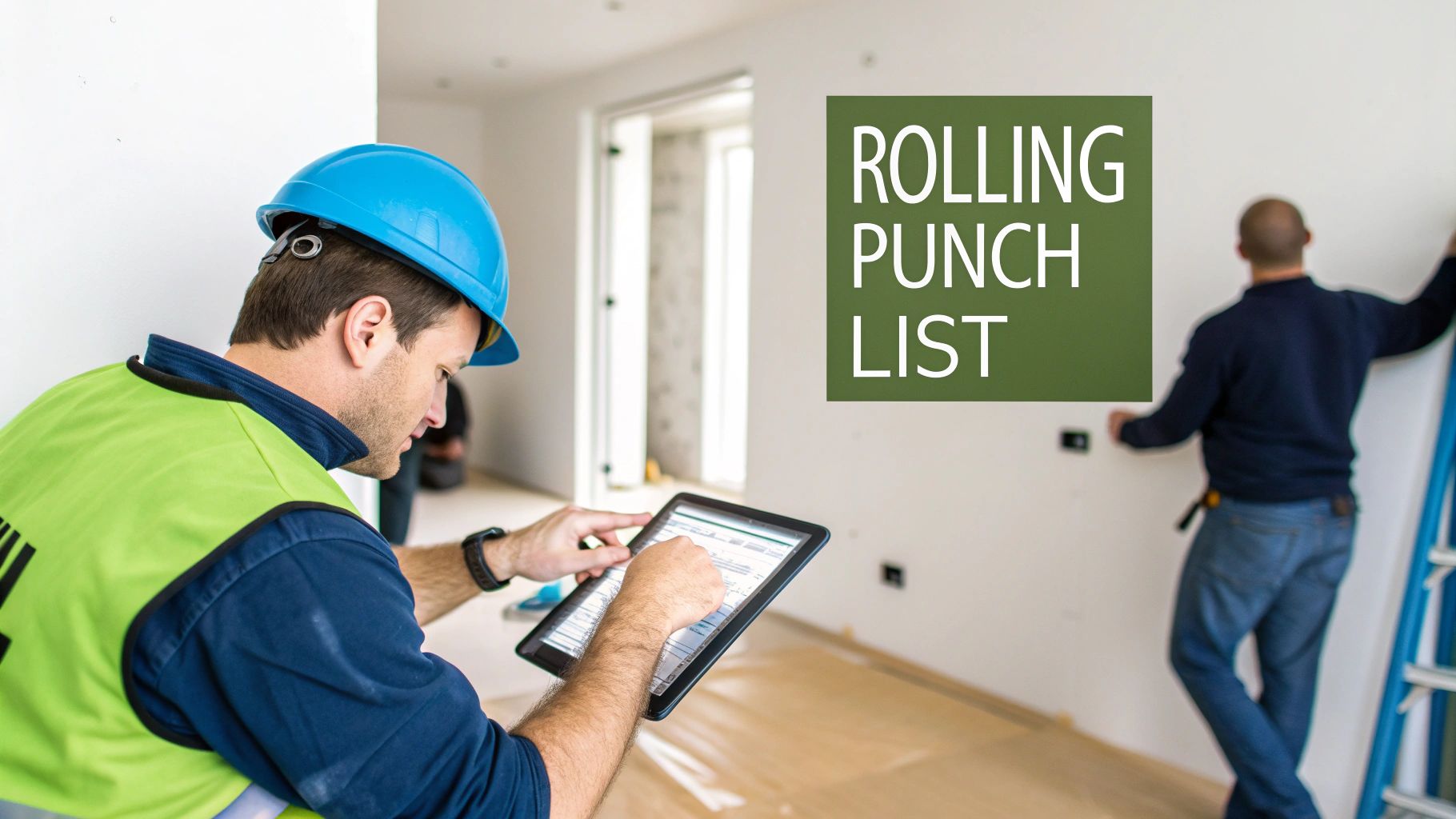 A construction worker in a hard hat and safety vest uses a tablet for a rolling punch list.