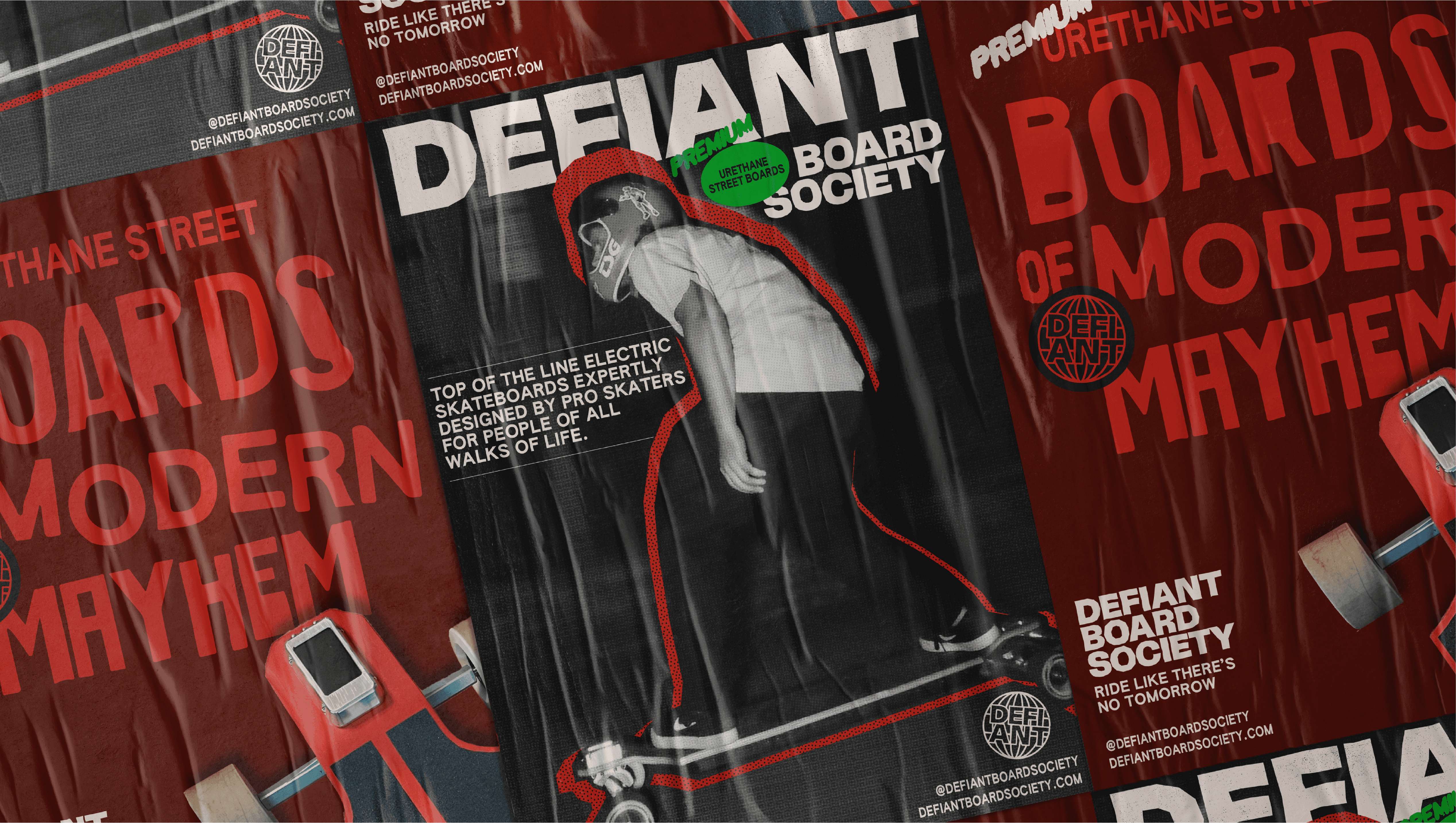 Layered skate posters with black-and-white rider outlined in red and bold Defiant Board Society branding