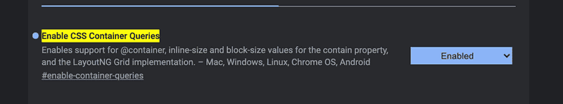 screenshot of the 'enable css container queries' command in chrome canary