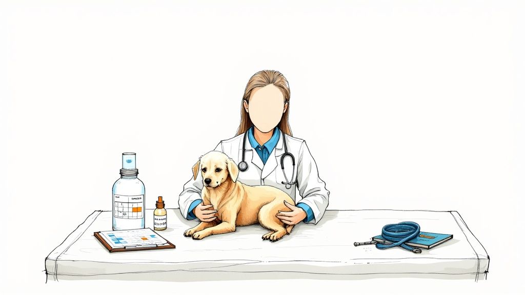 A happy dog with its veterinarian during a check-up