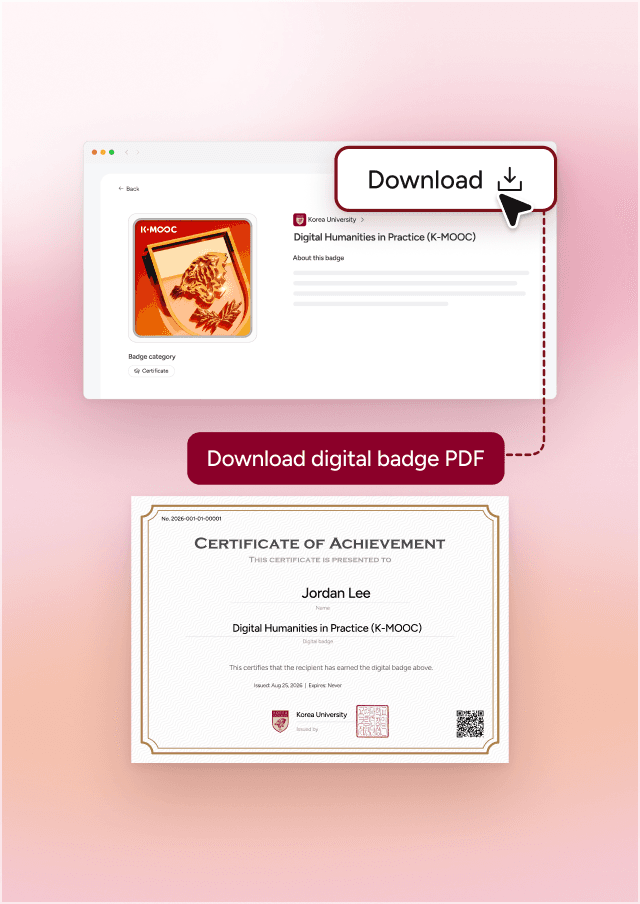 The Download button on a Certi badge page, connected by a dotted line through a 'Download digital badge PDF' label to a Korea University PDF certificate