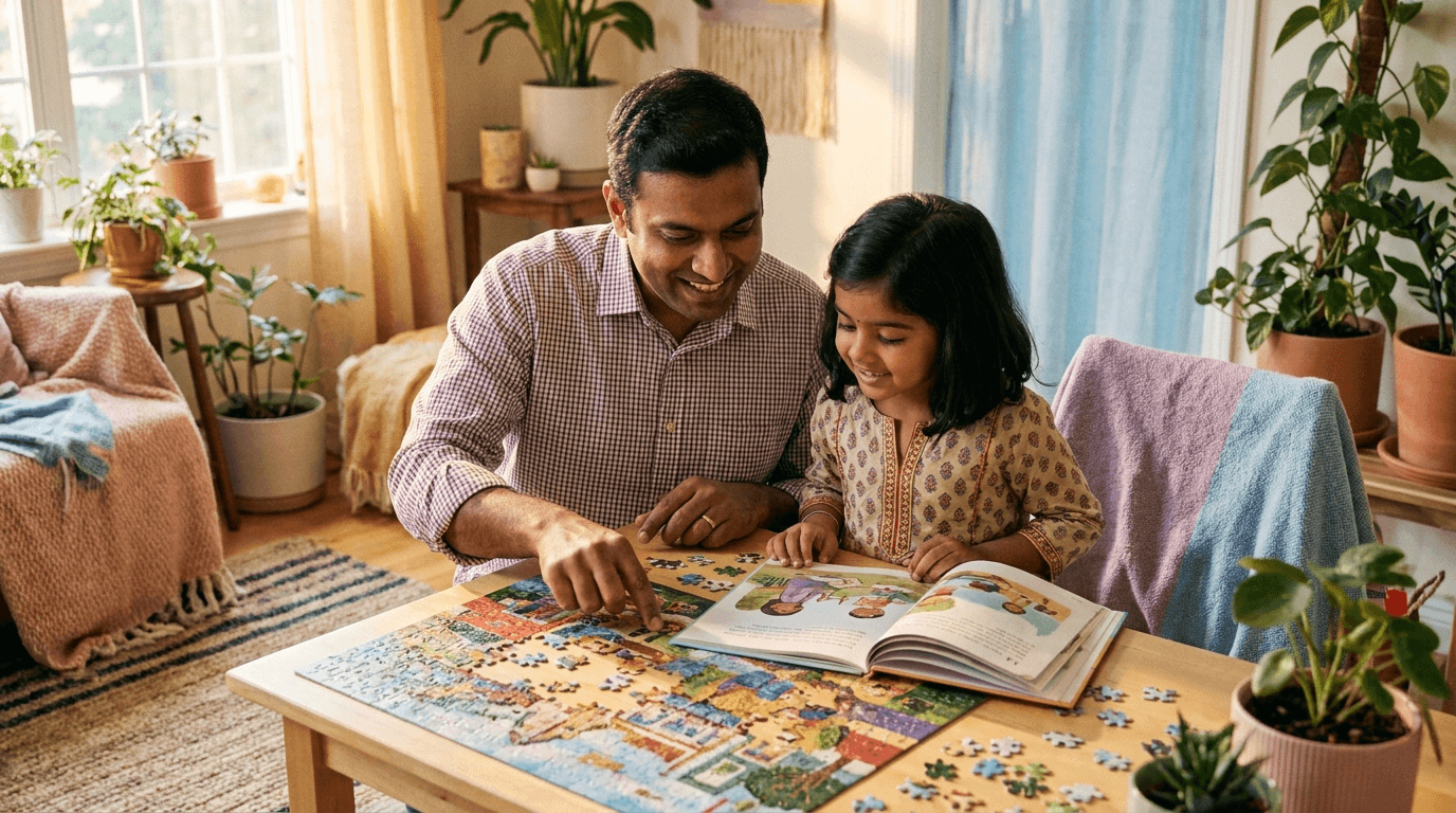 A parent and child thinking through a problem together at home