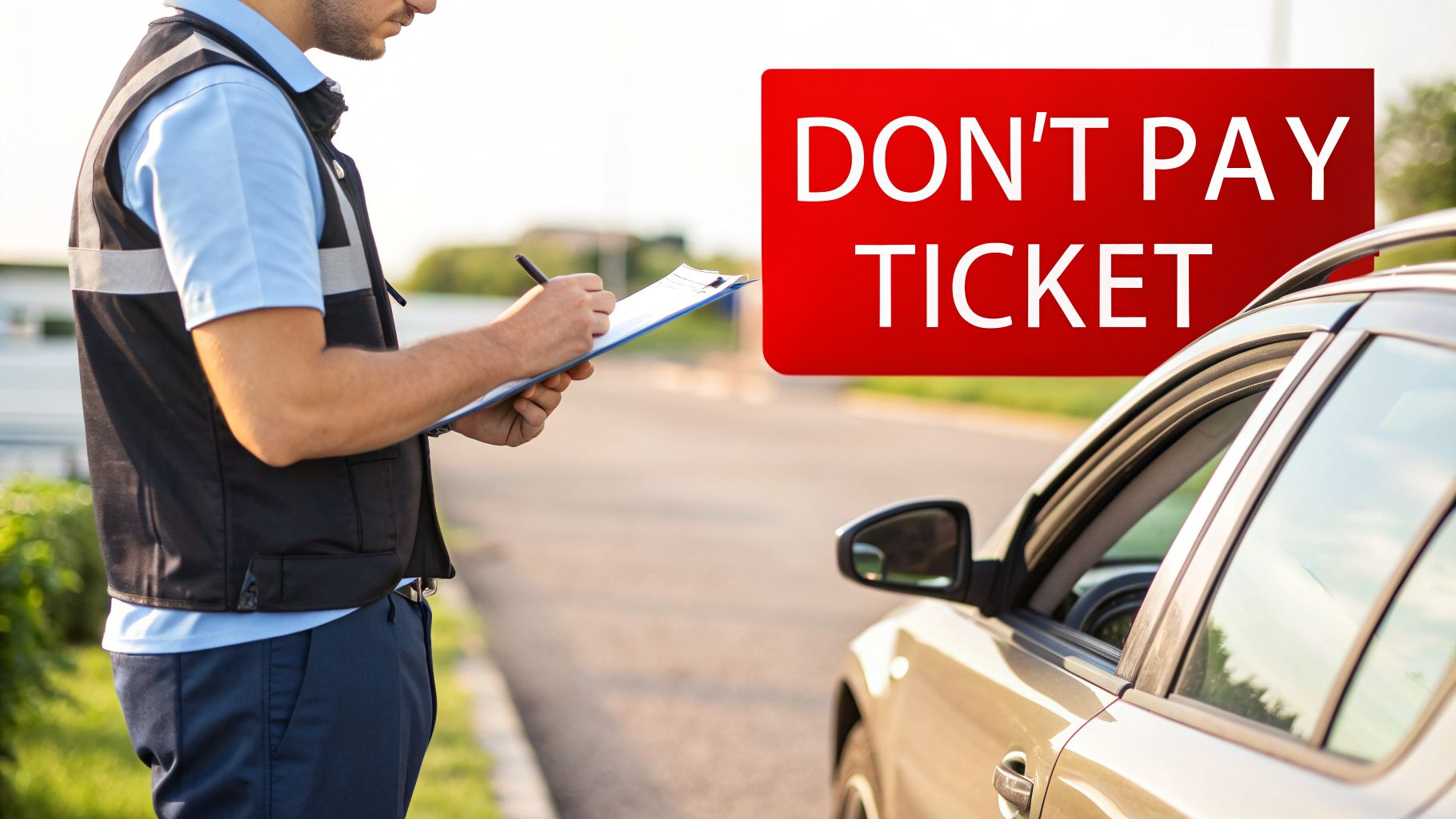 A traffic officer writing a ticket for a parked car, with a red sign saying 'Don't Pay Ticket'.