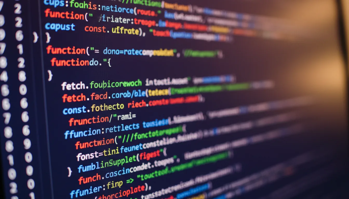 Macro DSLR photo of a computer screen displaying JavaScript code, angled view. Modern dark mode code editor with a deep purple-blue background and glowing text. Vibrant syntax highlighting in red, yellow, light blue, and lime green. Extremely shallow depth of field, with the focus sharp on the center-left and the right side of the code blurring into a strong bokeh effect. Visible pixel grid on the monitor.