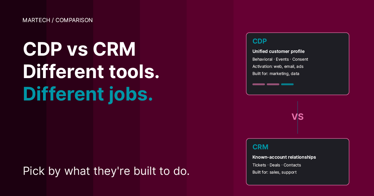 Burgundy cover. Headline — CDP vs CRM, Different tools, Different jobs. Right side — a CDP card and a CRM card separated by a pink VS divider. Subheadline — Pick by what they're built to do.