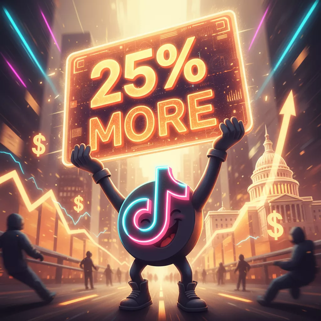 The TikTok logo mascot holding a glowing sign that reads "25% MORE" in a futuristic city, symbolizing growth and success.