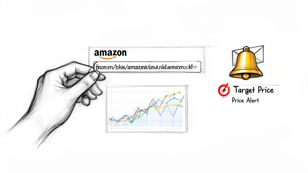 Hand holding an Amazon URL, with a price trend graph and a bell icon for target price alerts.