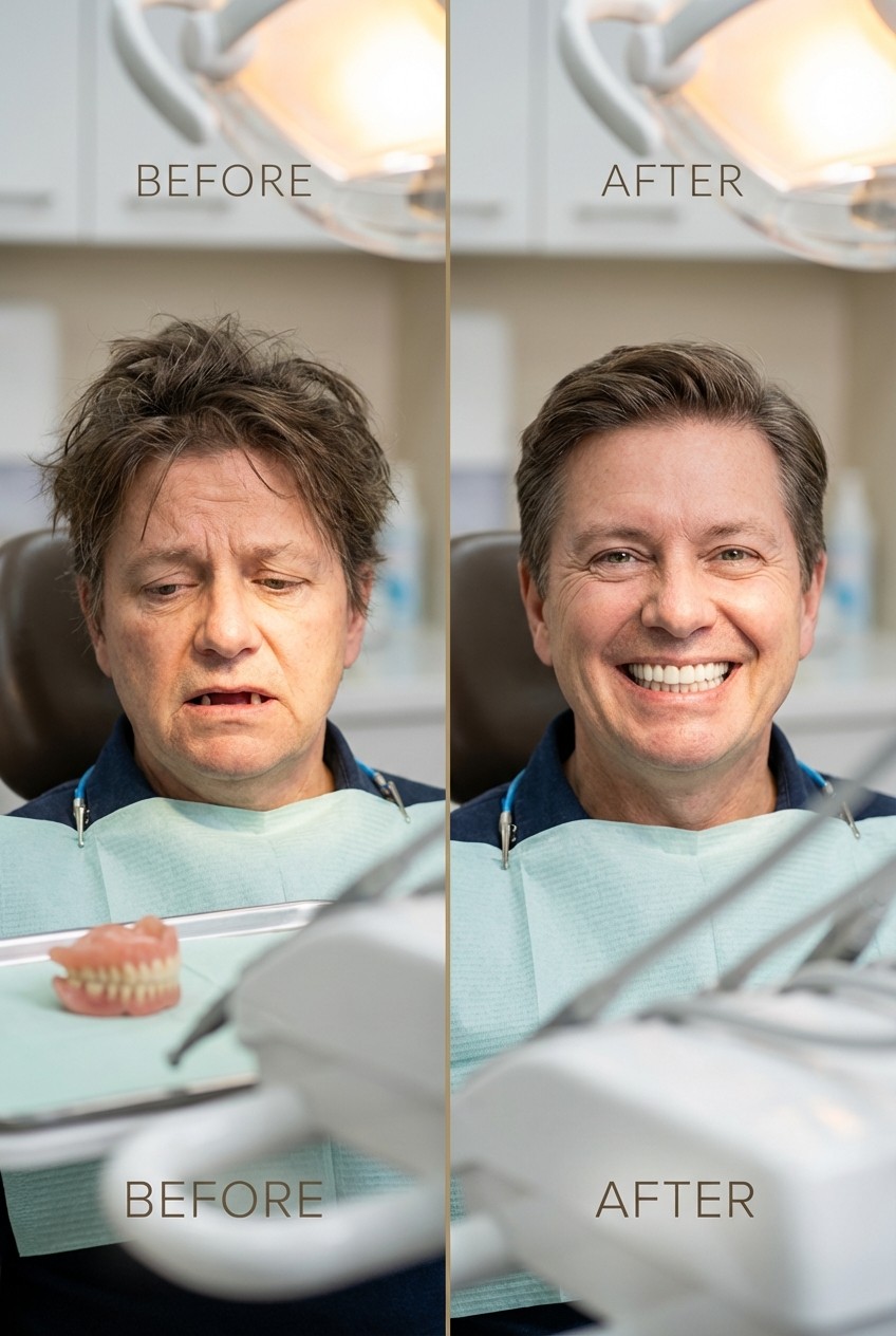 Before and after all-on-4 implant treatment showing dramatic complete smile transformation and restored confidence