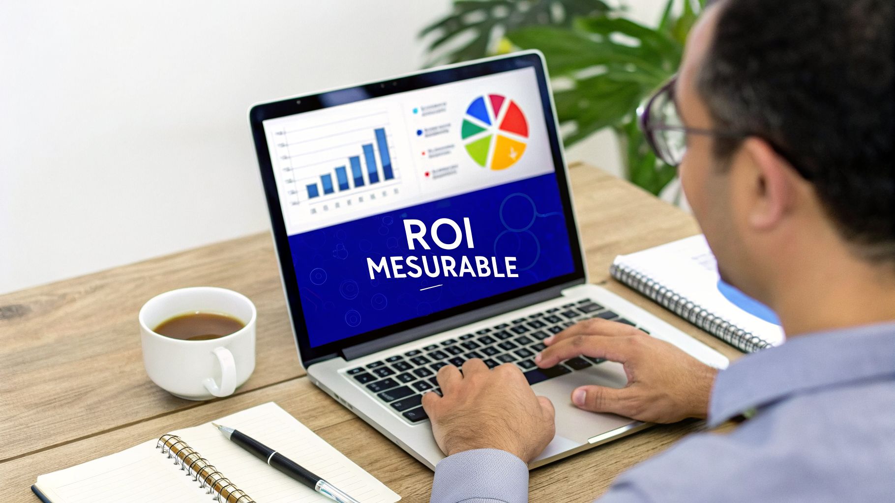 Homme analysant des graphiques de performance et la mention « ROI MESURABLE » sur un ordinateur portable.