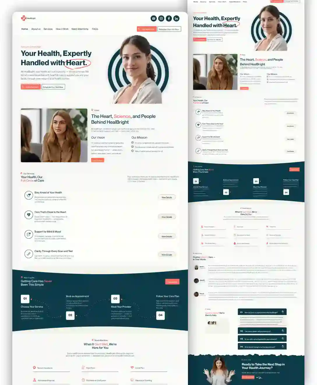 The image shows the homepage layout of a healthcare website featuring a clean design with sections highlighting health services, testimonials, and a contact form, alongside images of smiling medical professionals.