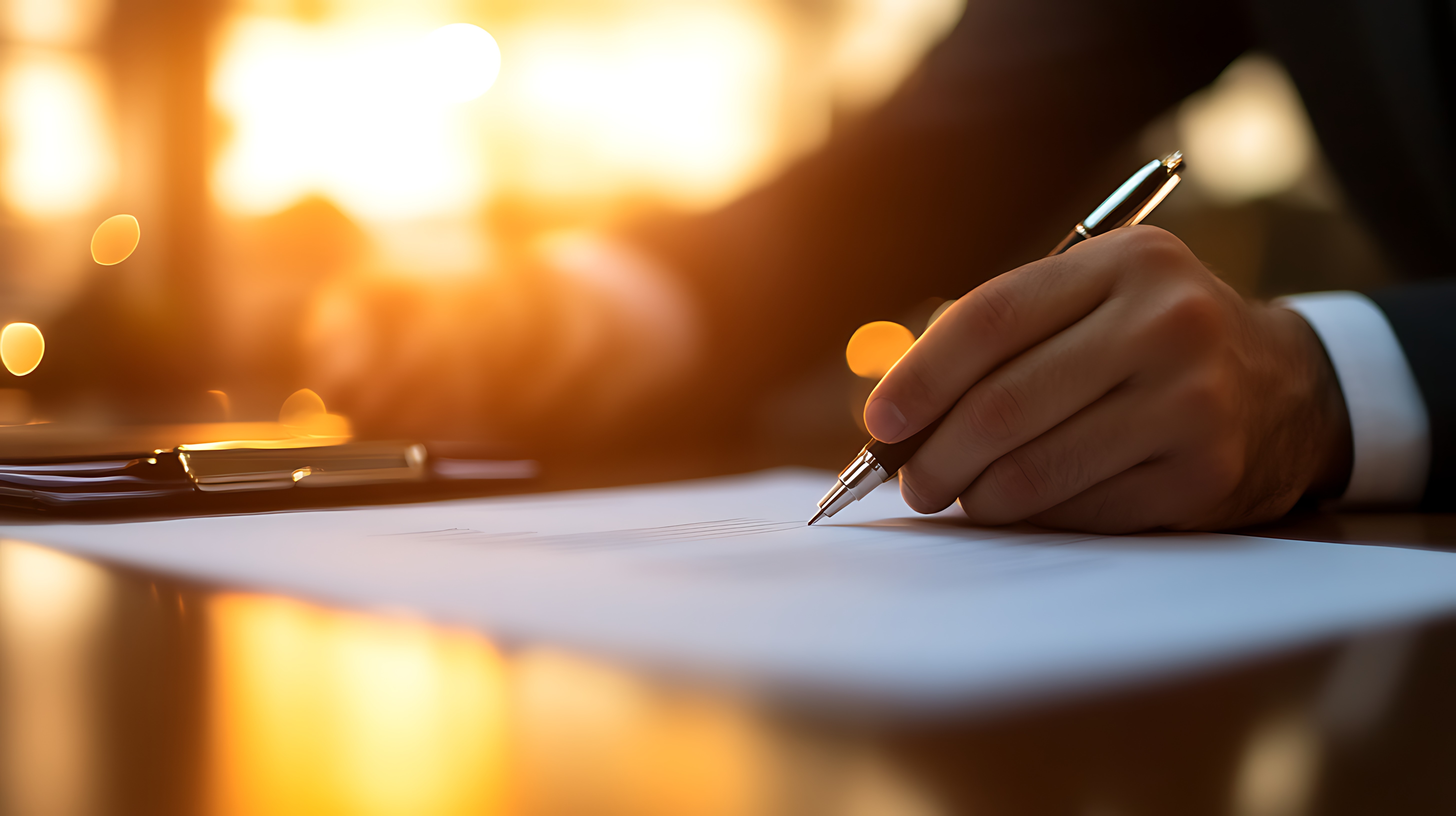 Borrower signing a private mortgage agreement with warm light in background