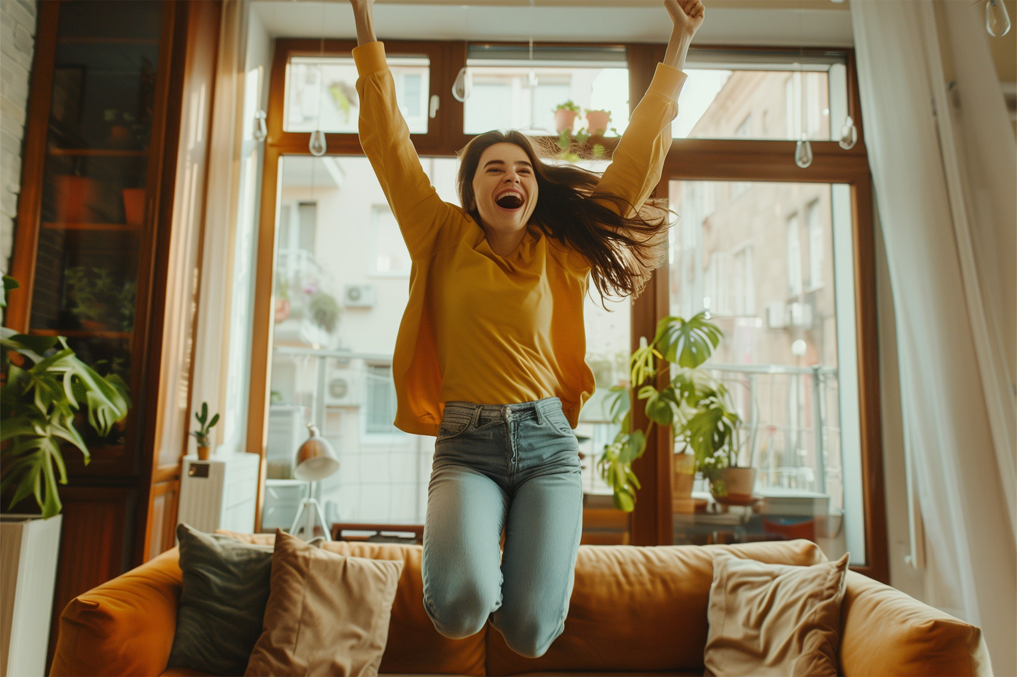 Person jumping with raised arms in a living room