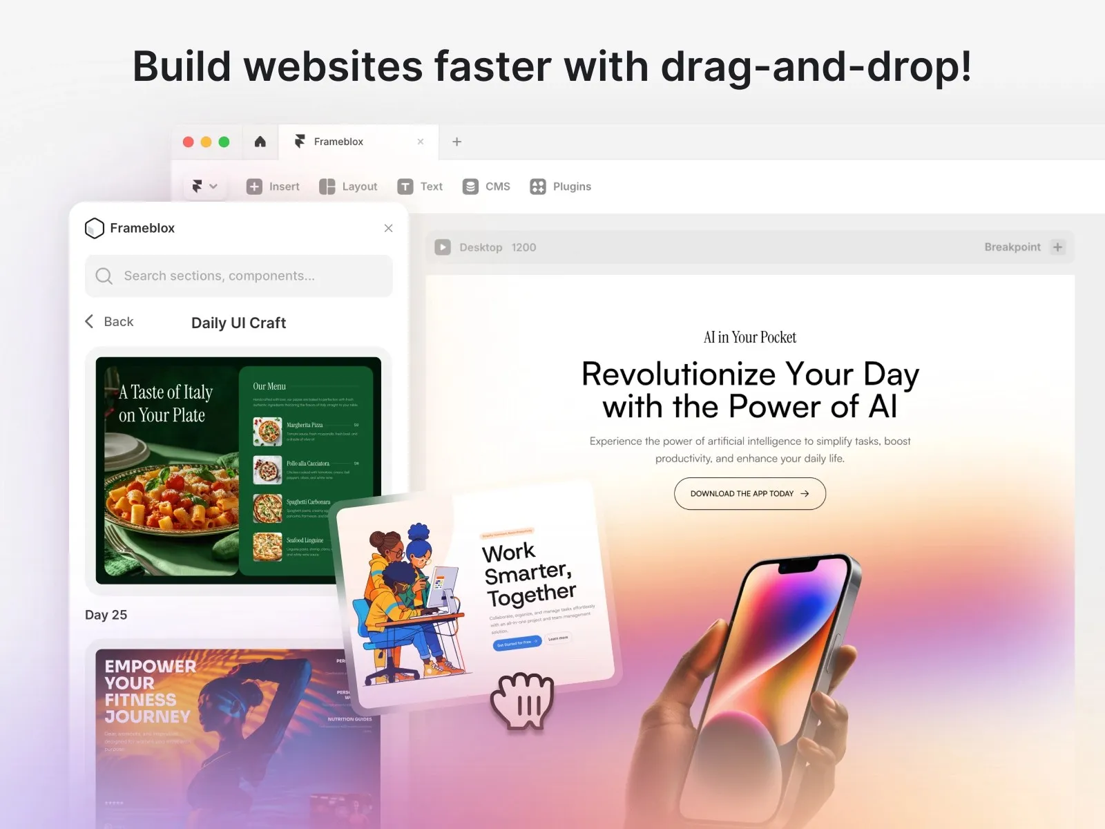 Web building interface showcasing drag-and-drop, AI, and app features.