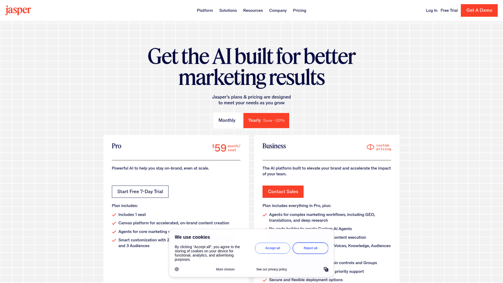 Jasper pricing page Pro and Business plans