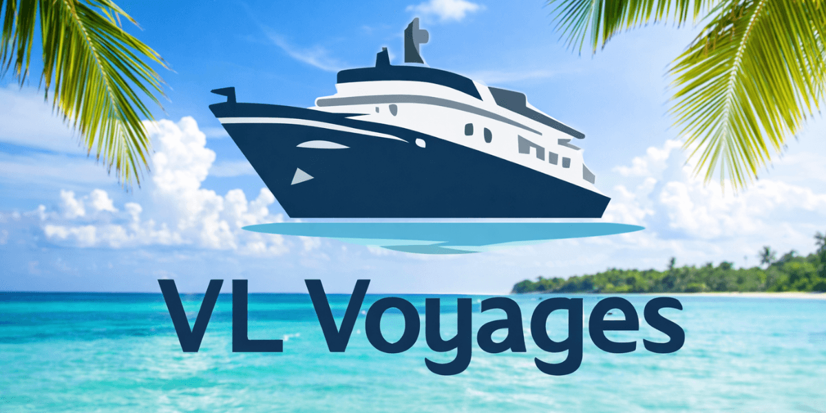 VL Voyages logo over a tropical beach scene, symbolizing luxury cruise travel with personalized itineraries and exclusive services.