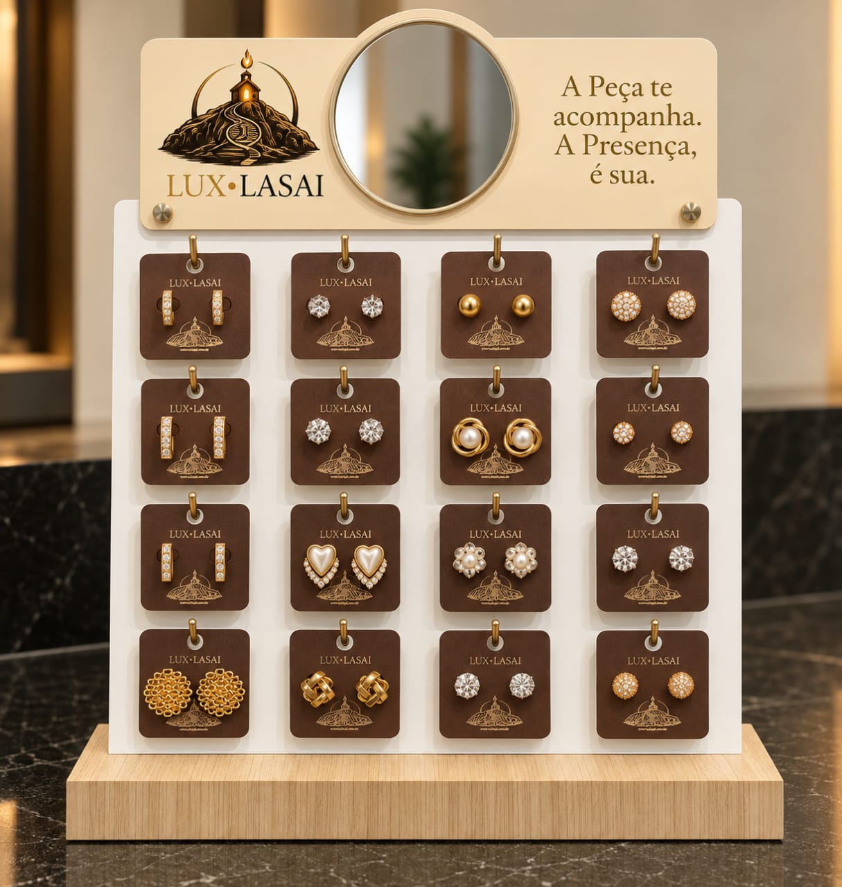 Display Lux Lasai com espelho e base de madeira