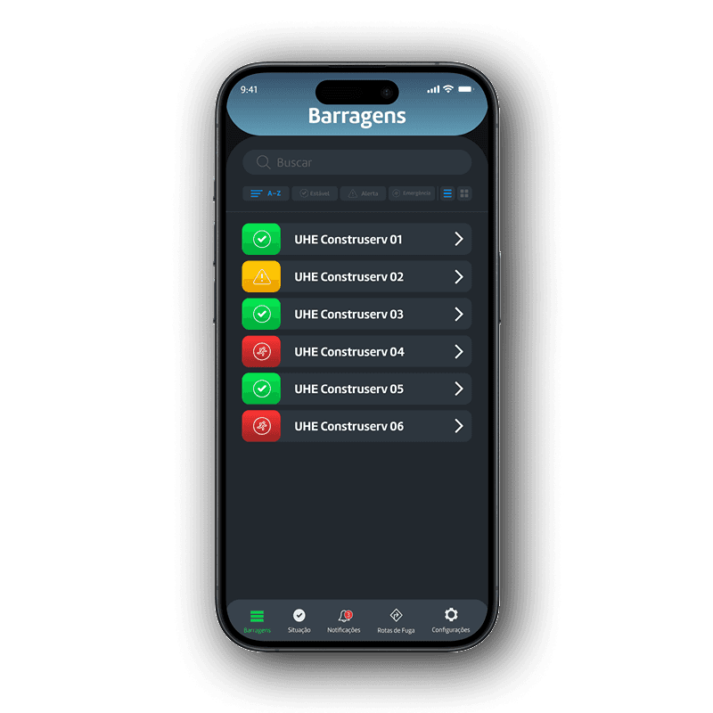 UI do App Alerta Individual exibindo nomes de usinas hidrelétricas para seleção