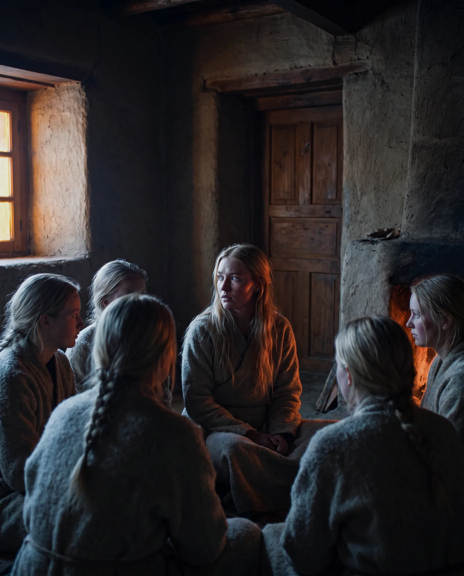 Concept art: several fair-haired young women in undyed grey wool sitting together on the floor of a stone room lit by one window and a low fire.