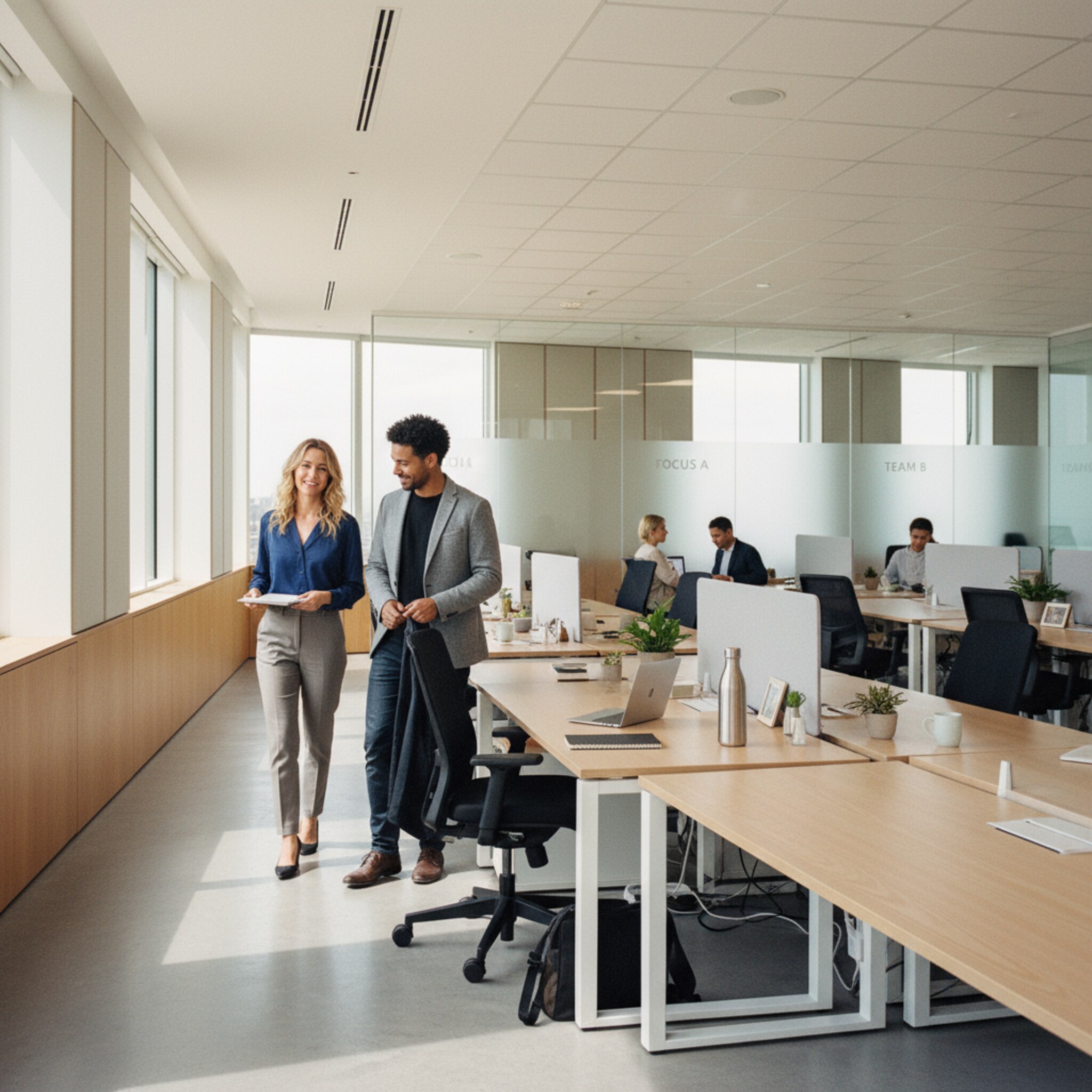 Ein strukturierter Bereich mit Reihen aus Desks, klar beschilderten Zonen und viel Tageslicht. Zwei Kolleginnen begrüßen sich, hängen Jacken an die Stühle und richten leise ihren Arbeitsplatz ein. Einige Plätze bleiben frei, andere sind sichtbar belegt. Die Umgebung wirkt geordnet, fair und gut organisiert.
