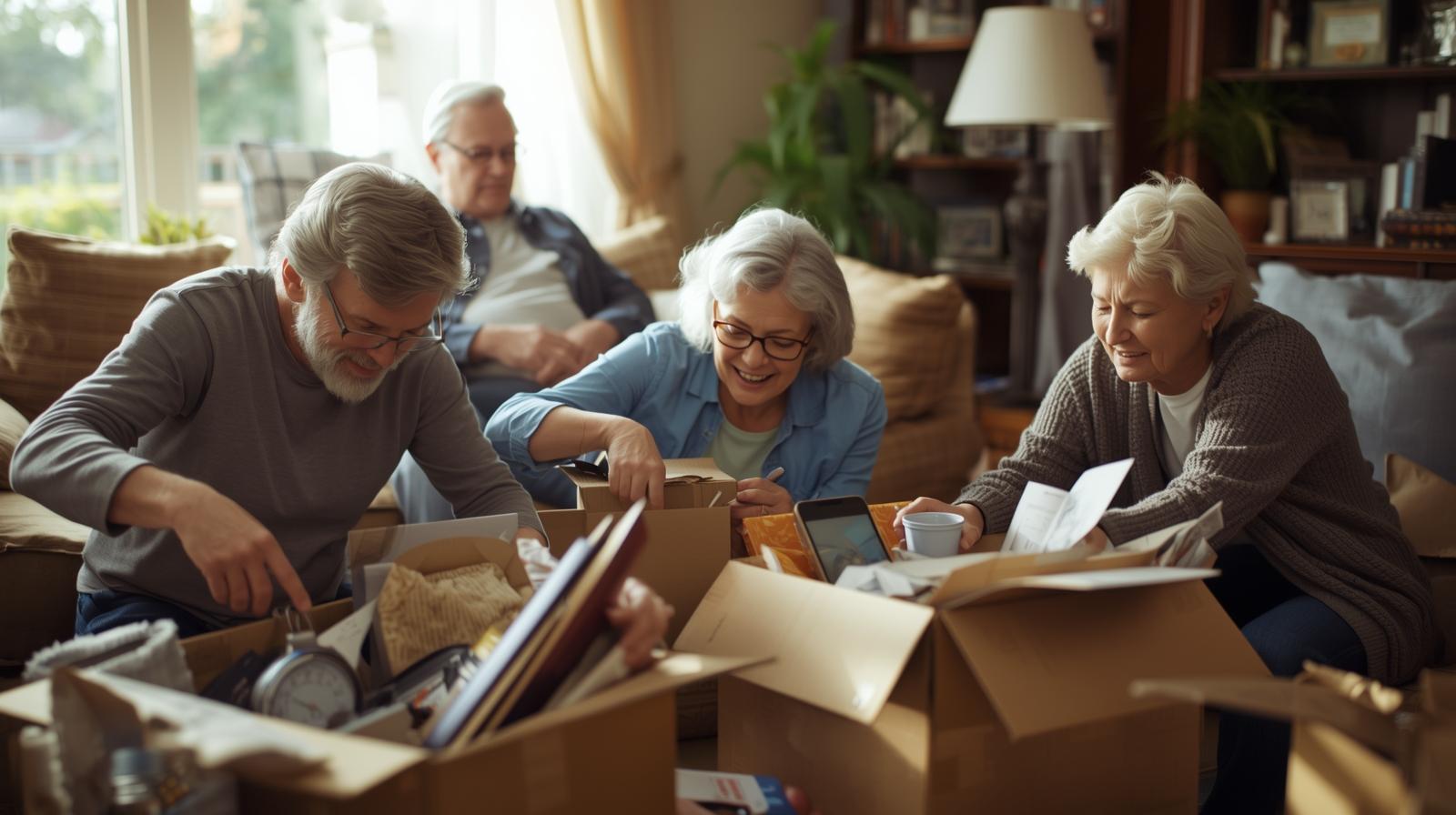 A senior couple sitting on a couch with packing boxes around them