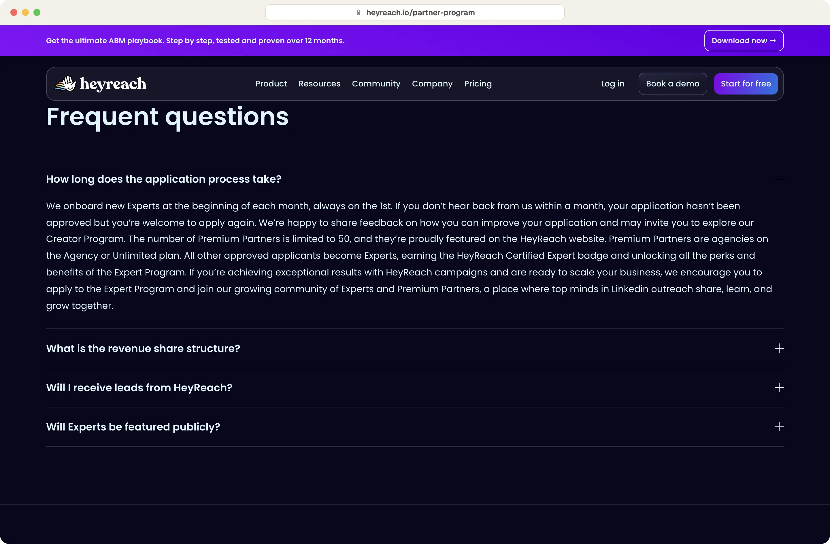 HeyReach partner program FAQ saying Premium Partners are limited to 50 agencies on the Agency or Unlimited plan