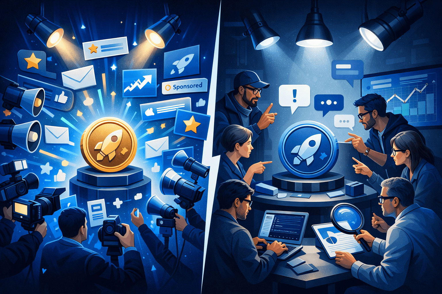Illustration comparing earned authority built through proof and consistency versus self-declared authority based on claims and hype.