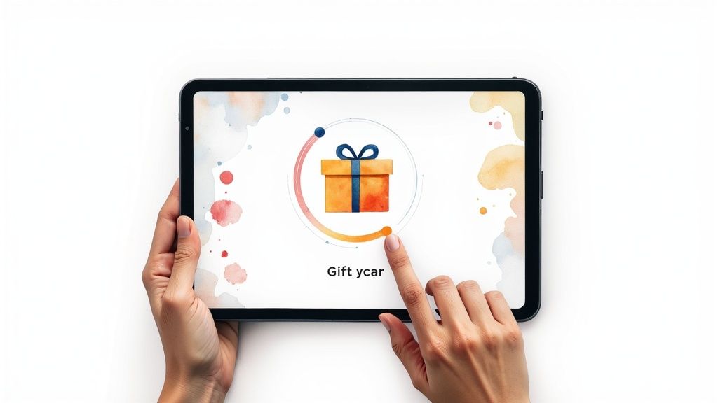 Hands holding a tablet displaying a gift box icon, a circular progress bar, and 'Gift ycar' text. A finger interacts with the interface.