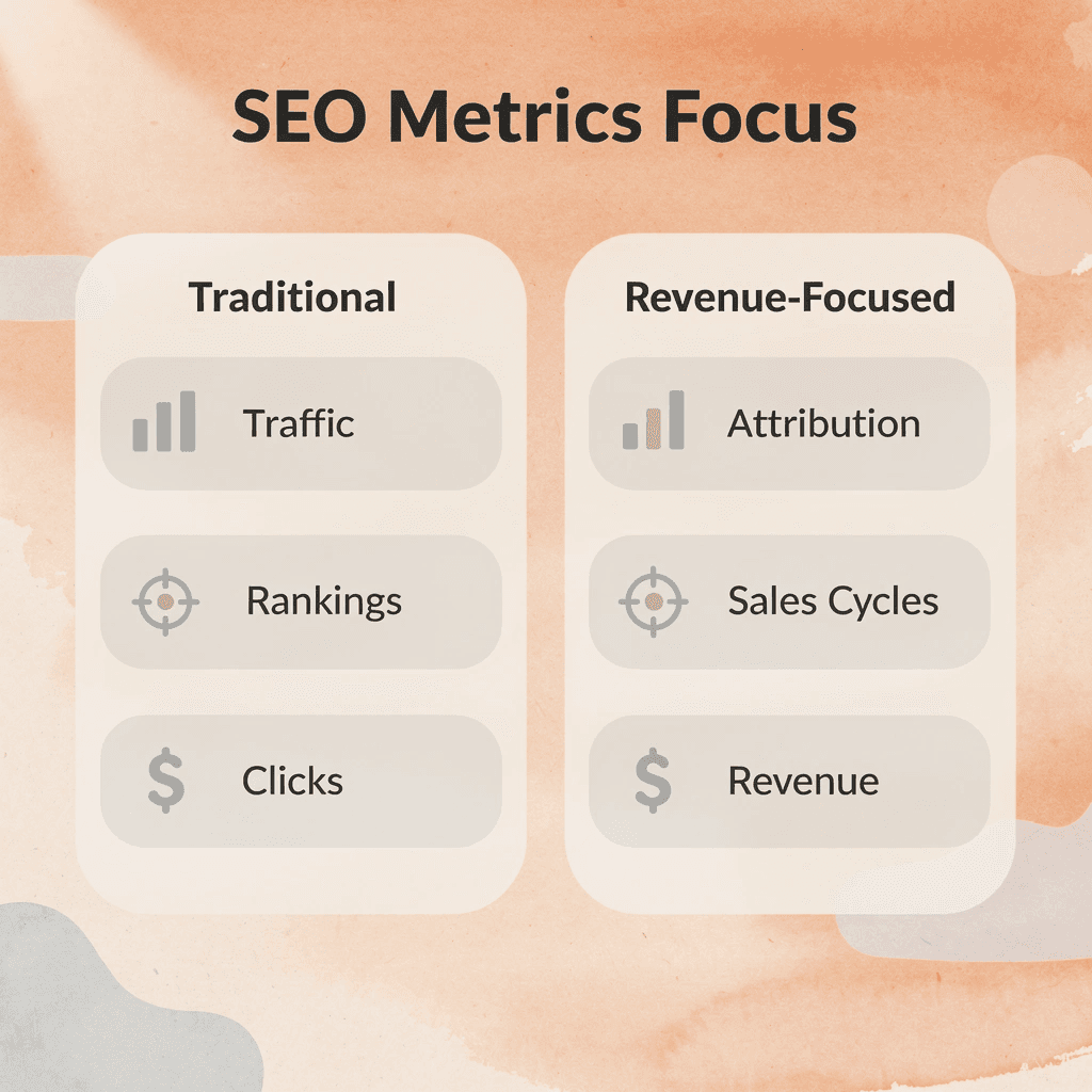 Comparison table showing traditional vs revenue-focused SEO metrics