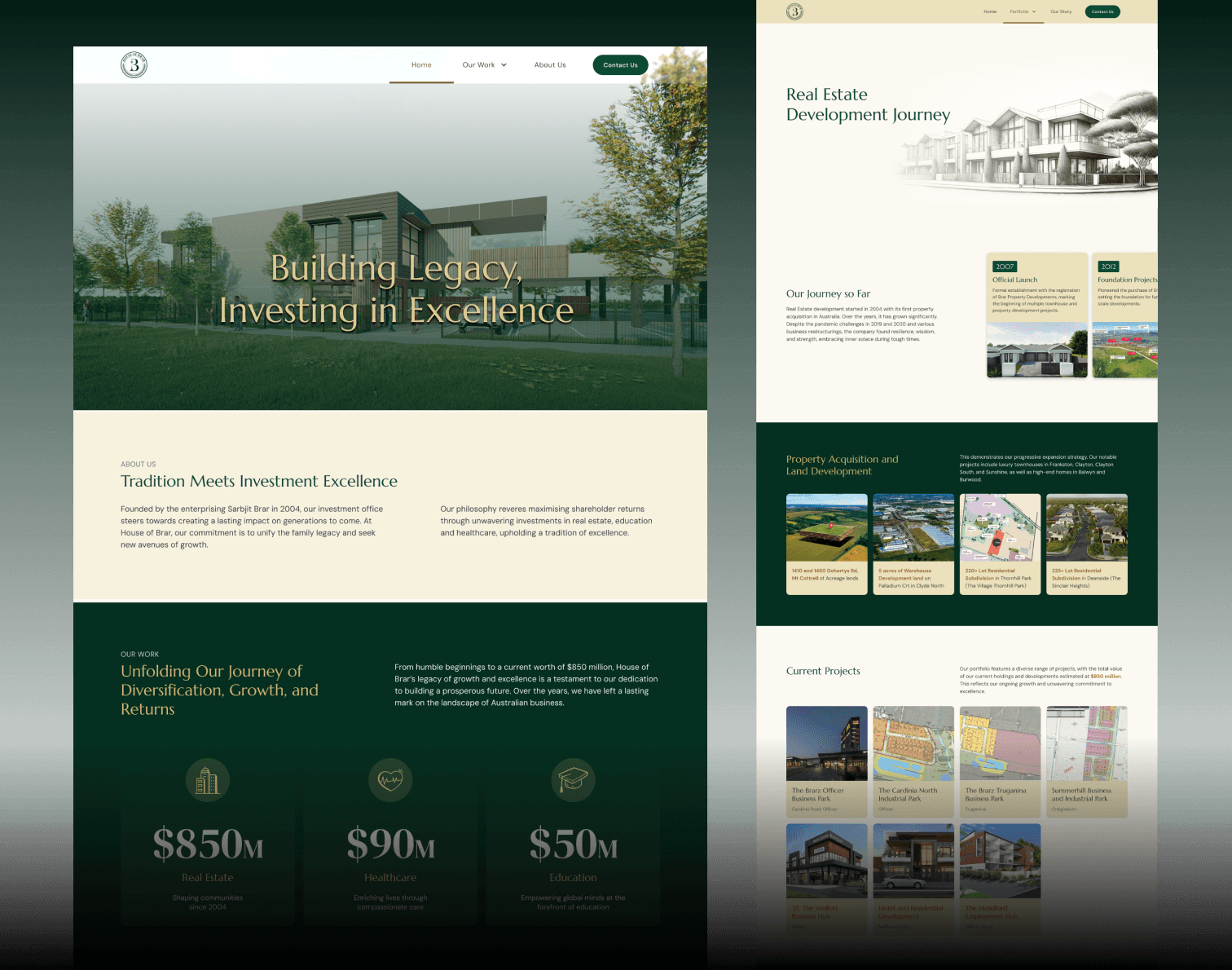 House of Brar website homepage design by One Craft, showcasing premium real estate development, investment figures, and a legacy-driven branding approach