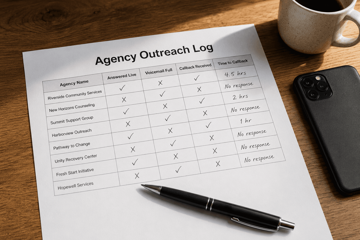 An overhead view of an Agency Outreach Log printed on paper with a pen, a smartphone, and a coffee mug on a wooden desk.