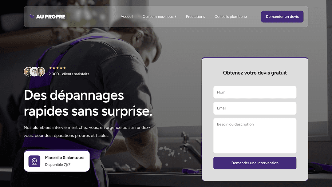 Site vitrine avec formulaire de devis en ligne pour un service de plomberie
