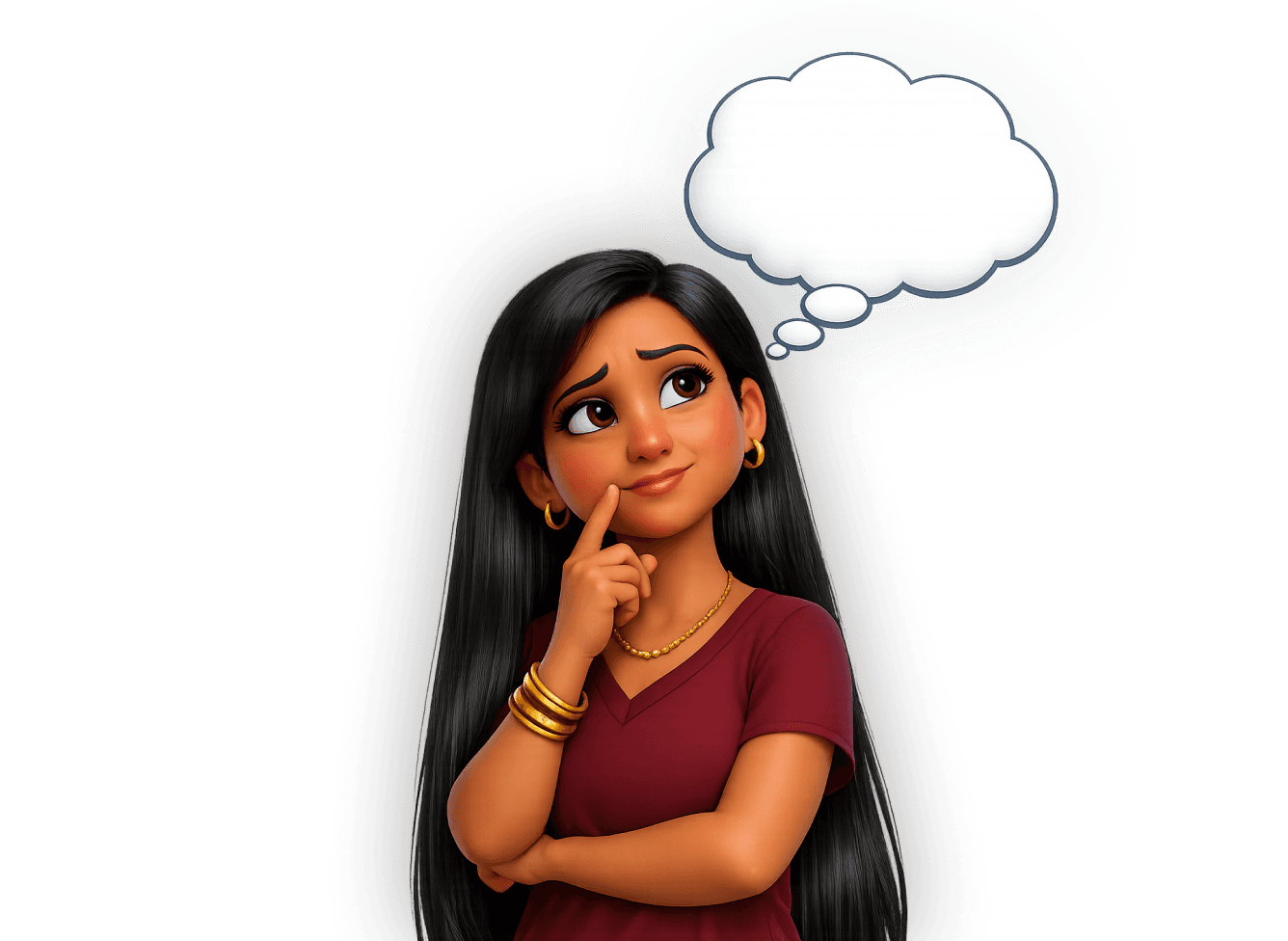 Illustration of a thoughtful young woman with long dark hair, resting her finger on her chin and looking upward, with an empty thought bubble above her head.