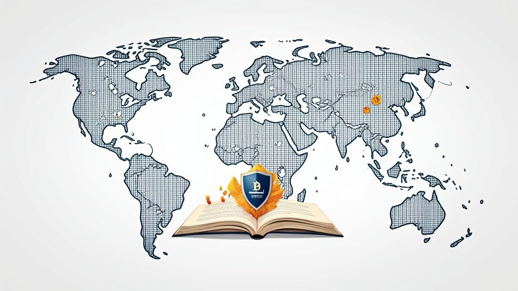 A world map, open book, and a 'B' shield, symbolizing global knowledge and bitcoin education.