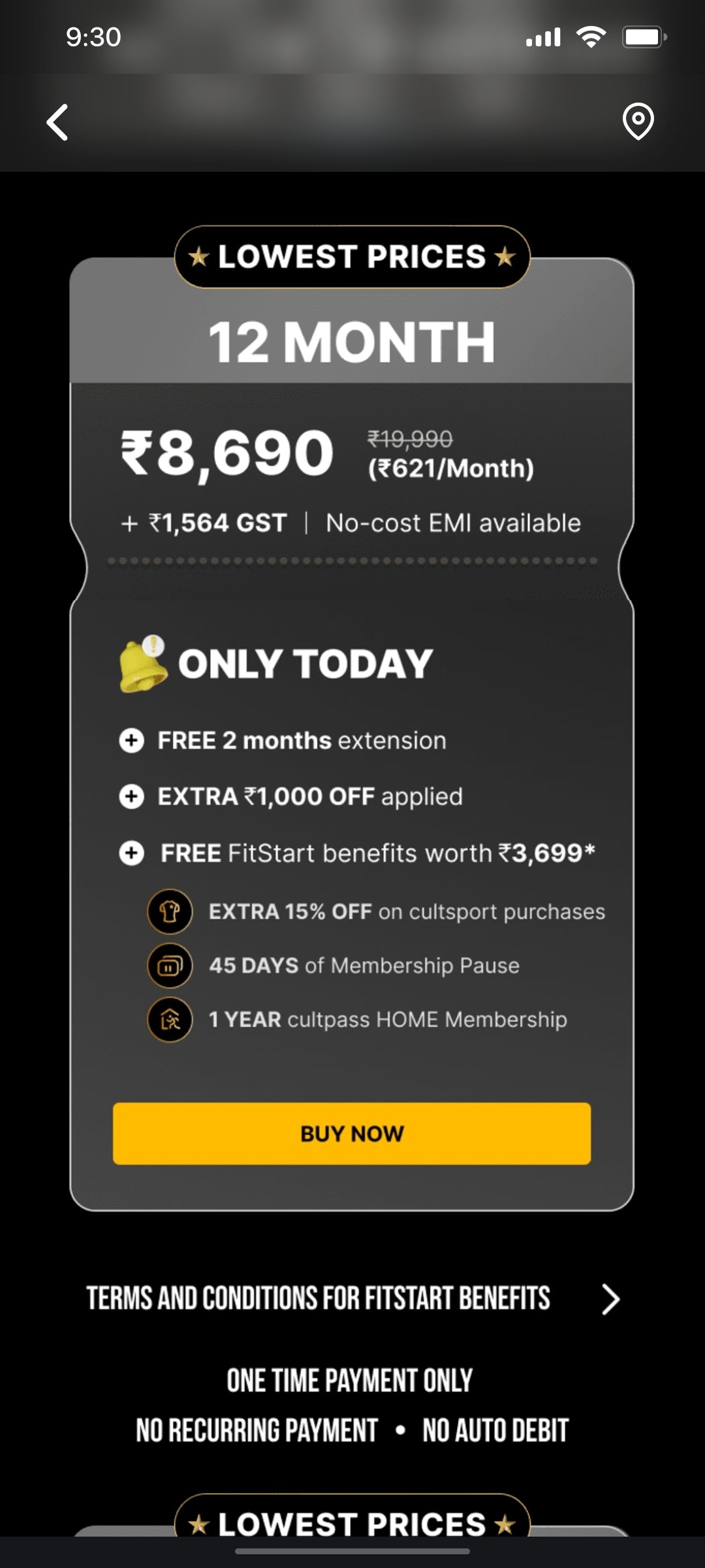 Cult.fit App Buy Now Screen