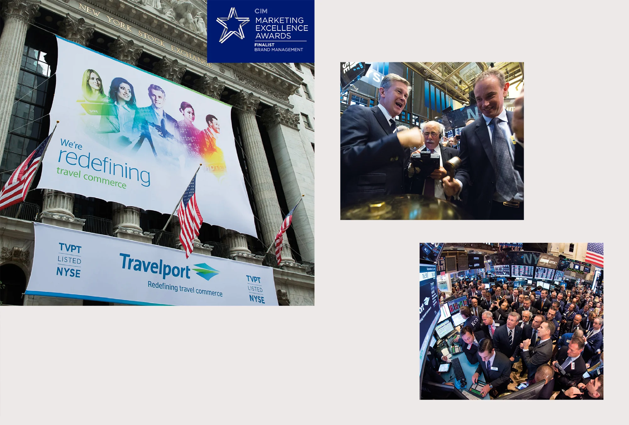 Travelport poster at the New York Stock Exchange, 2 other images inside showing traders