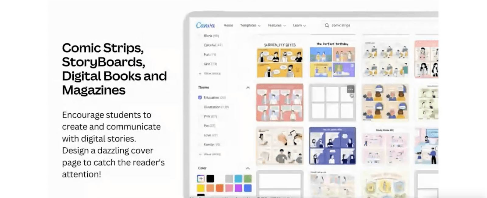 Laptop screen shows Canva comic strip templates in various colors and styles. Text on the left encourages using comic strips, storyboards, digital books, and magazines for creative student storytelling and cover design.