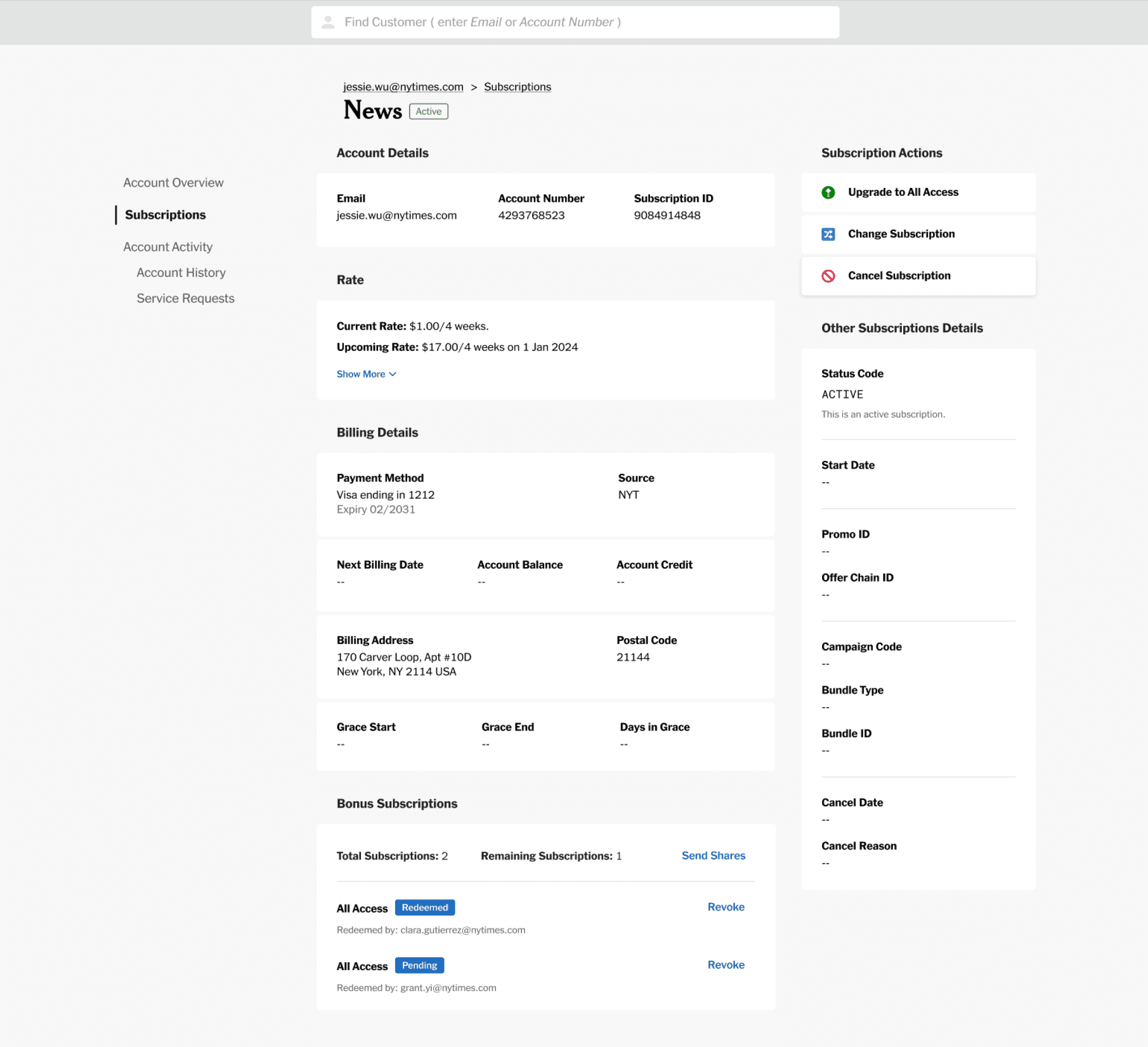 Subscription details page