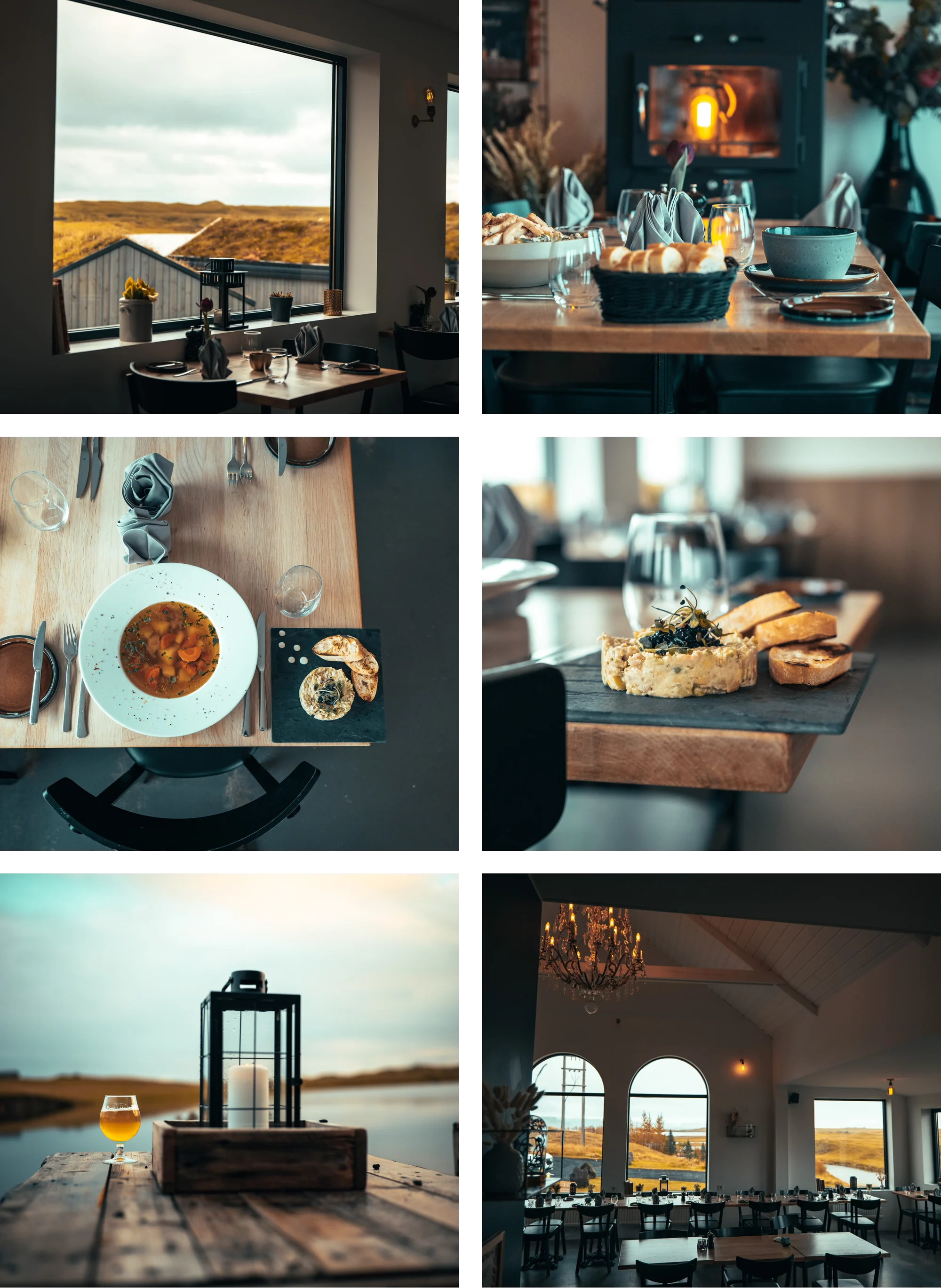 Bistro 1783 at Magma Hotel: window view, fireside table, soup and toast, fish pâté on slate, a drink by the lake, and the dining room