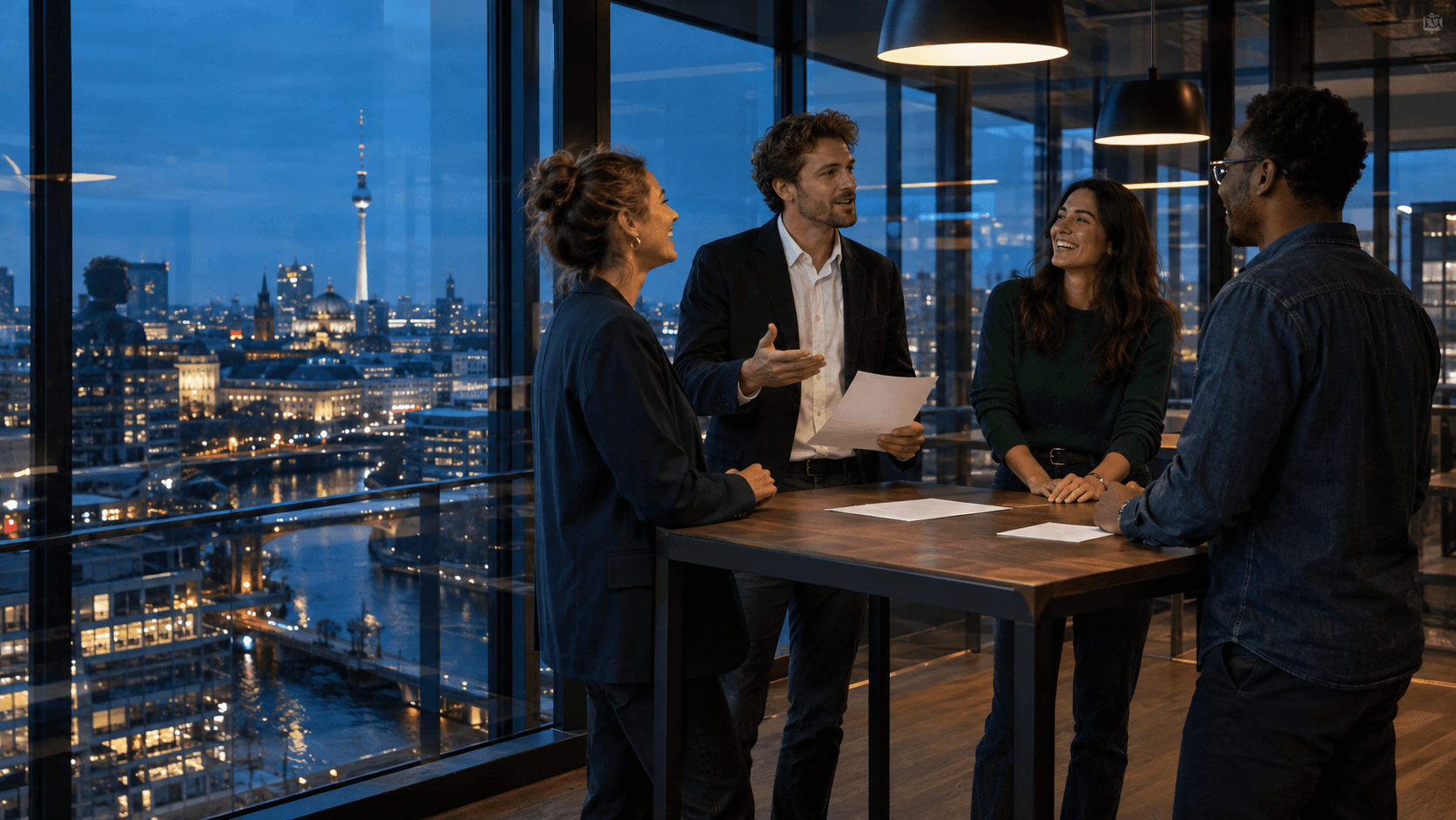 Team im Stehmeeting in einem Glasbüro zur blauen Stunde über den Lichtern Berlins