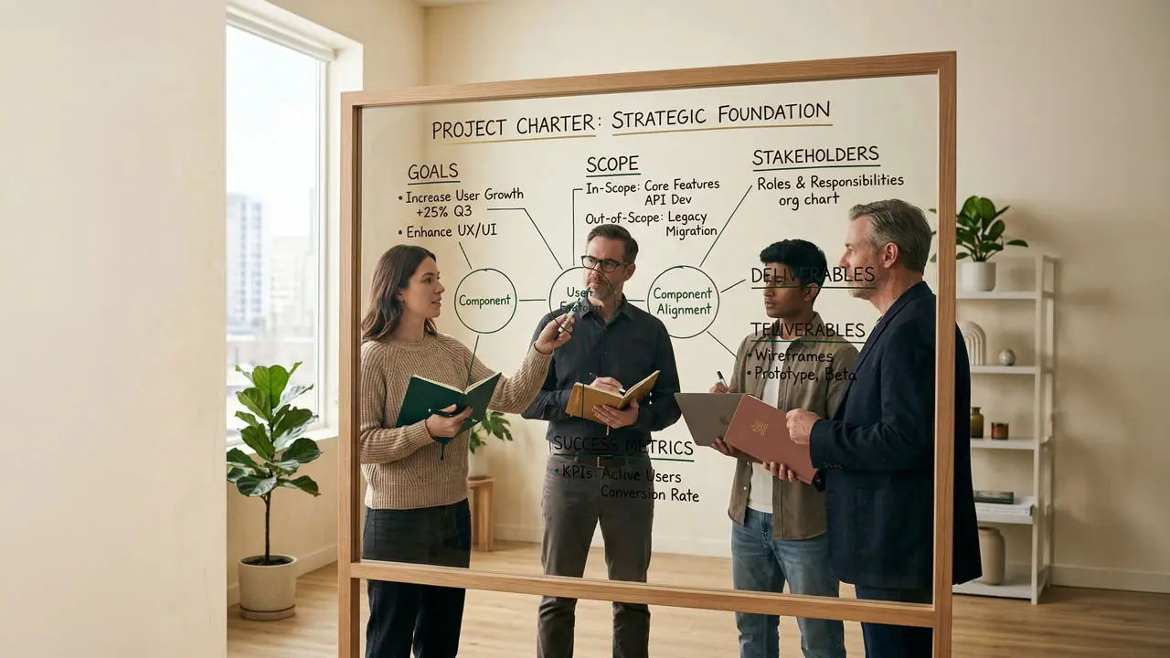 Equipo revisando planificación estructurada de proyecto en un tablero transparente con objetivos, alcance y métricas organizadas.