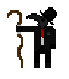 Pixel art of a plague doctor in a suit, tie, and tophat holding out a curved cain