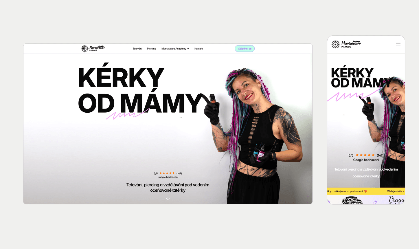 Úvod homepage MamaTattoo na desktopu a na mobilu vedle sebe.