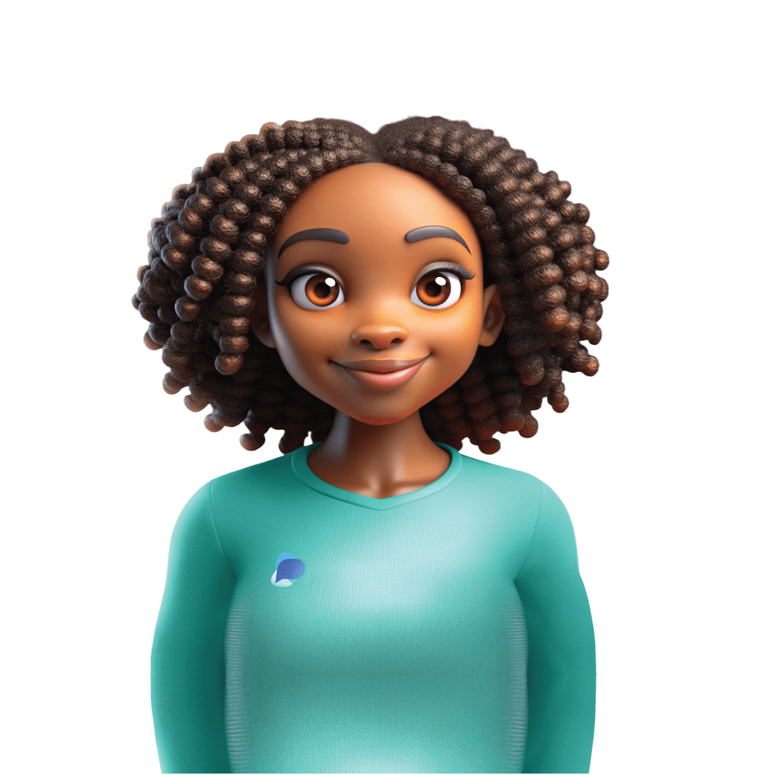 A female AI agent avatar with curly short hair smiling
