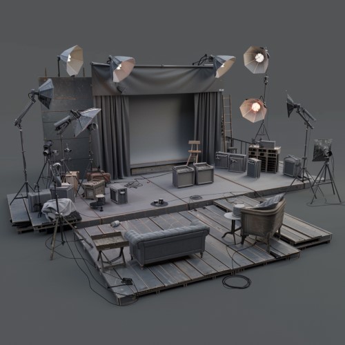 Eine 3d Visualisierung eines Filmsets mit diversen Lichtern, Stativen und Requisiten.