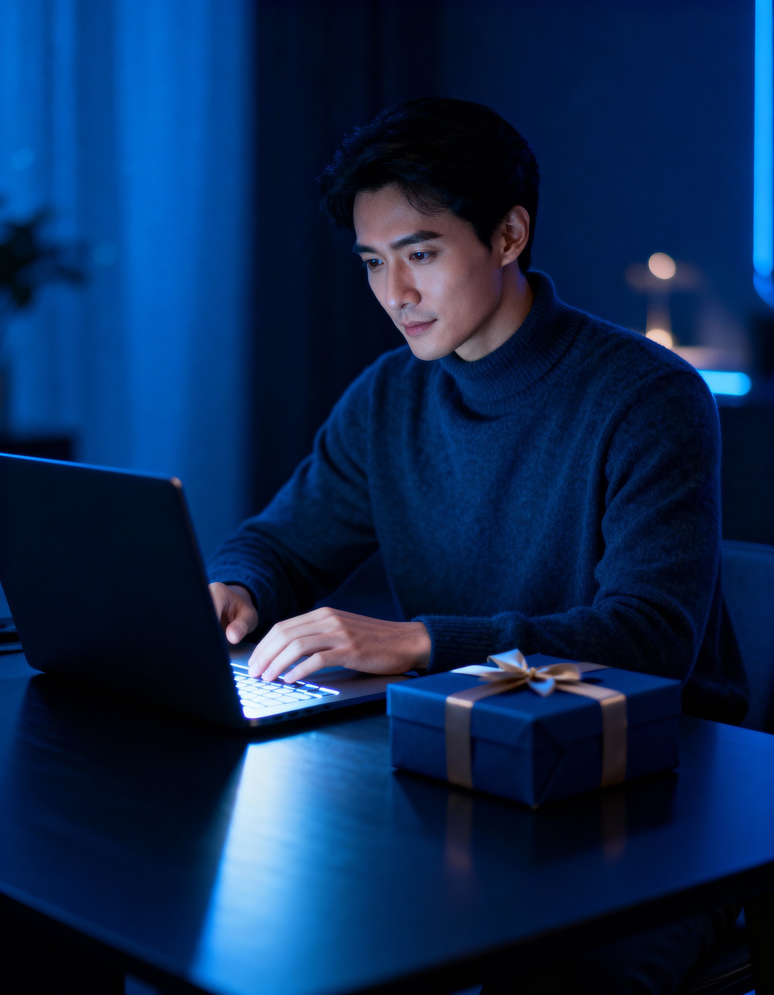 man sitting on couch with looking at his MacBook on table