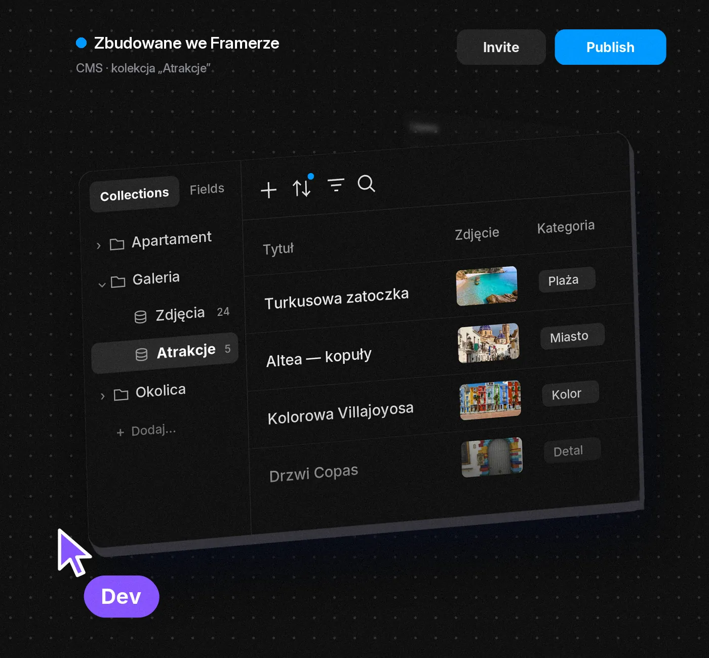 Ciemny panel CMS Framera z kolekcją „Atrakcje” strony Aldea del Mar: zatoczka, kopuły Altei, kolorowa Villajoyosa i drzwi Copas