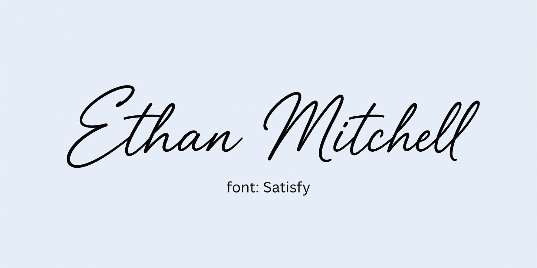 Sample name signed in a cursive signature font on a light background, with the font name labeled below.