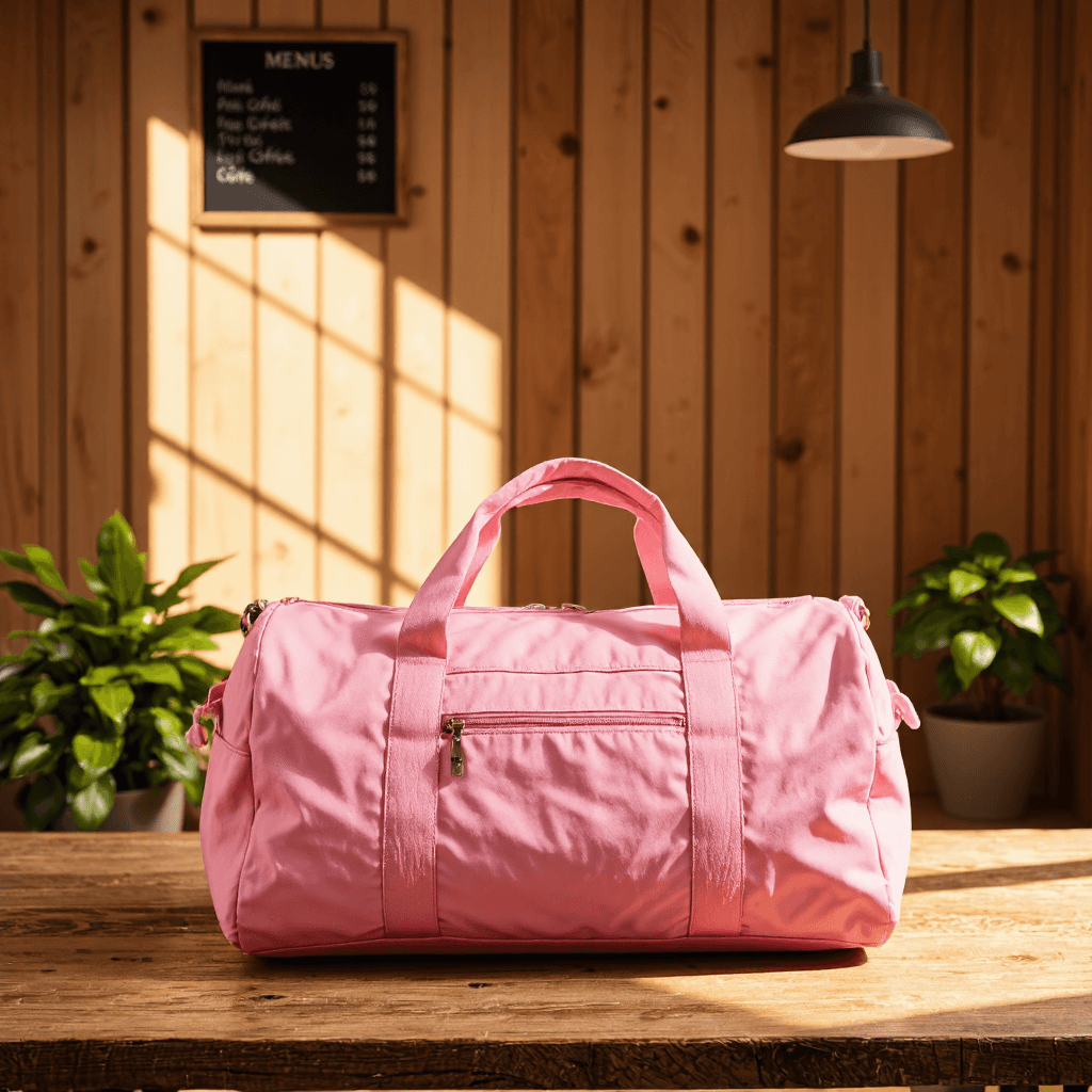 product photography of a pink duffel bag for travel or gym use