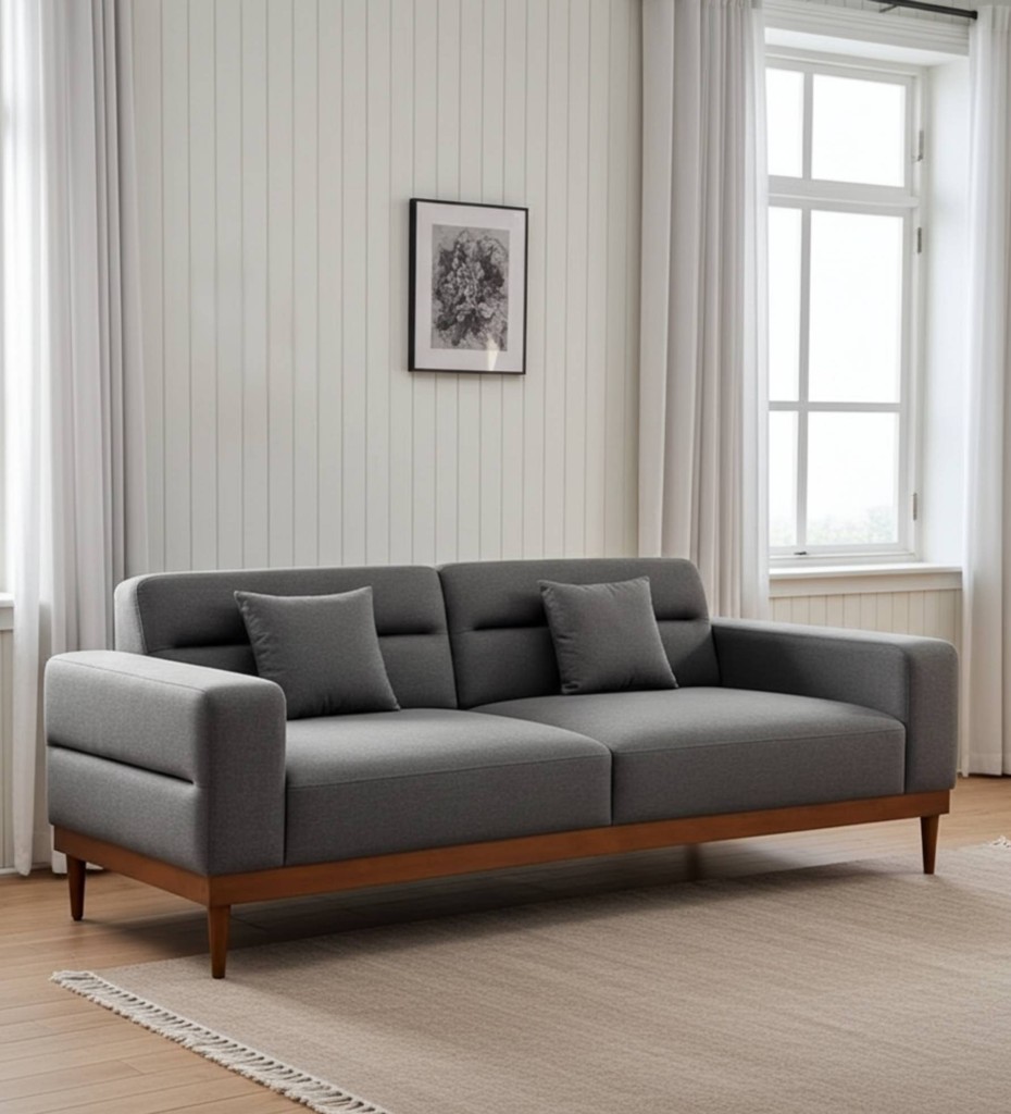 Luxury contemporary cane sofa with teal upholstery and wooden frame